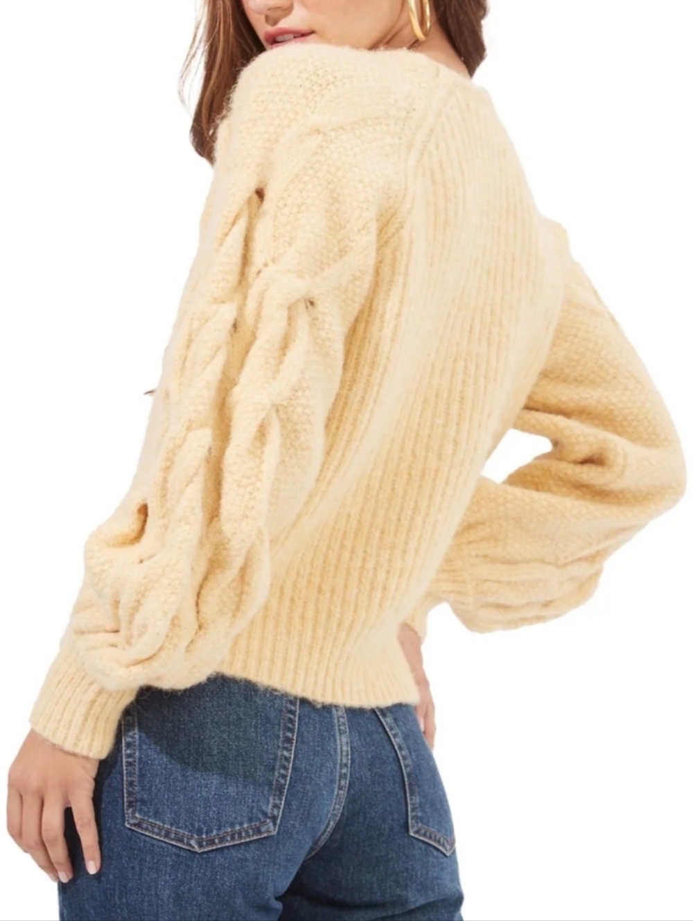 ASTR the Label Lizette Cable Knit Statement Sleeve Pastel Yellow Sweater, Med‎